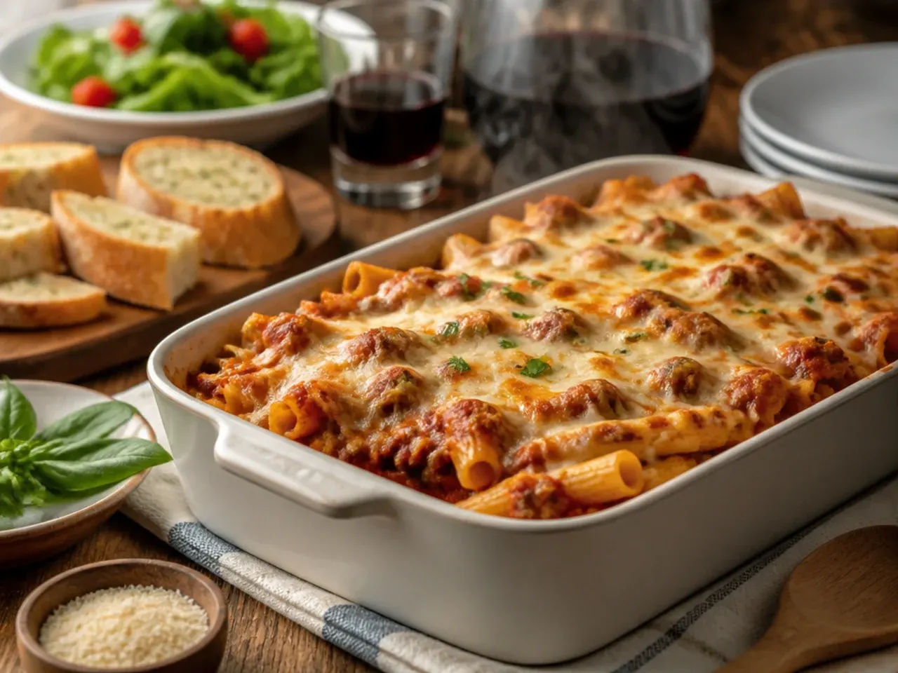 Baked ziti with Italian sausage served with garlic bread and a green salad on the side