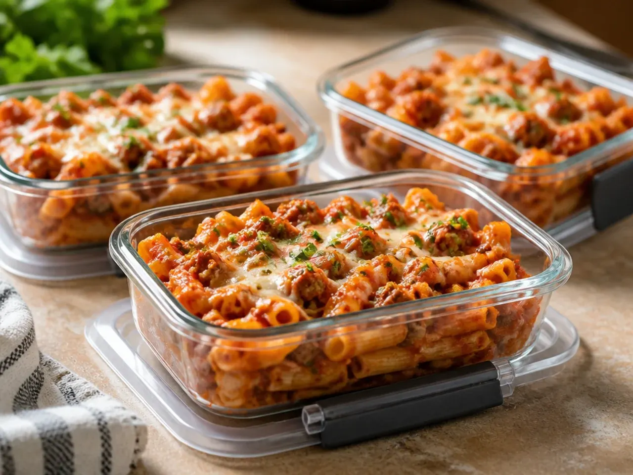 Airtight container of leftover baked ziti with Italian sausage ready for the fridge or freezer