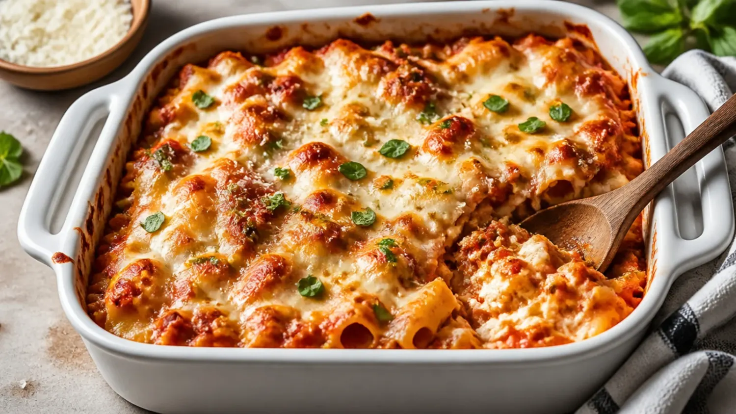 Overhead shot of golden, bubbling baked ziti with ricotta in a white baking dish, topped with melted mozzarella and torn basil