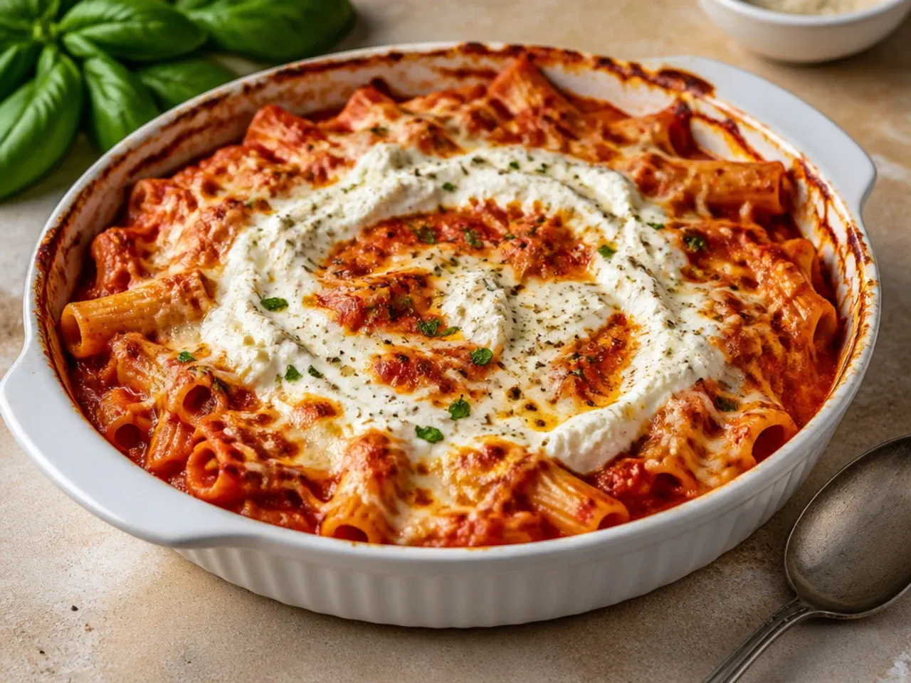 Ricotta being whisked with an egg in a glass bowl for baked ziti