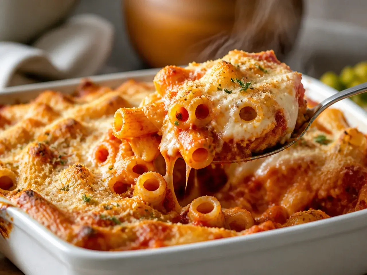 Spoonfuls of ricotta dolloped over sauced ziti pasta, only partially folded in