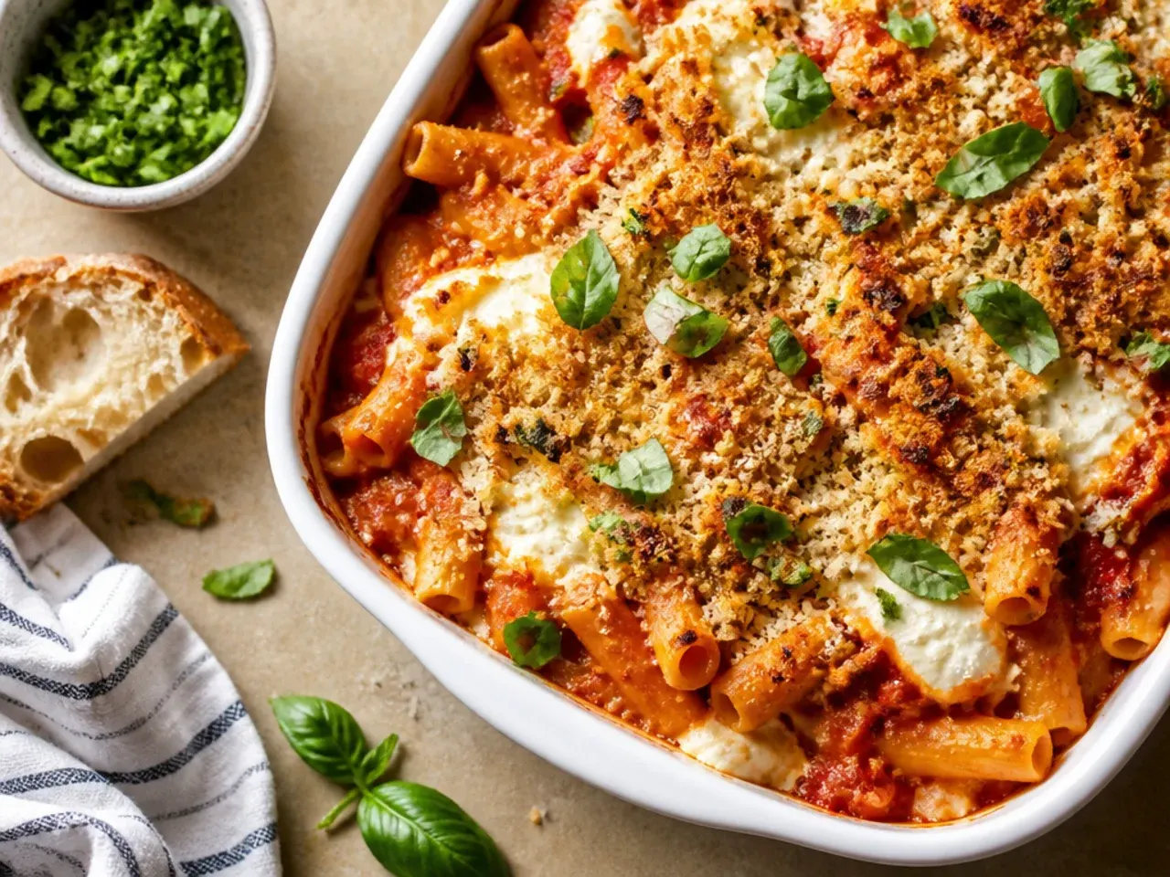 Foil-covered baking dish of ziti going into a preheated oven
