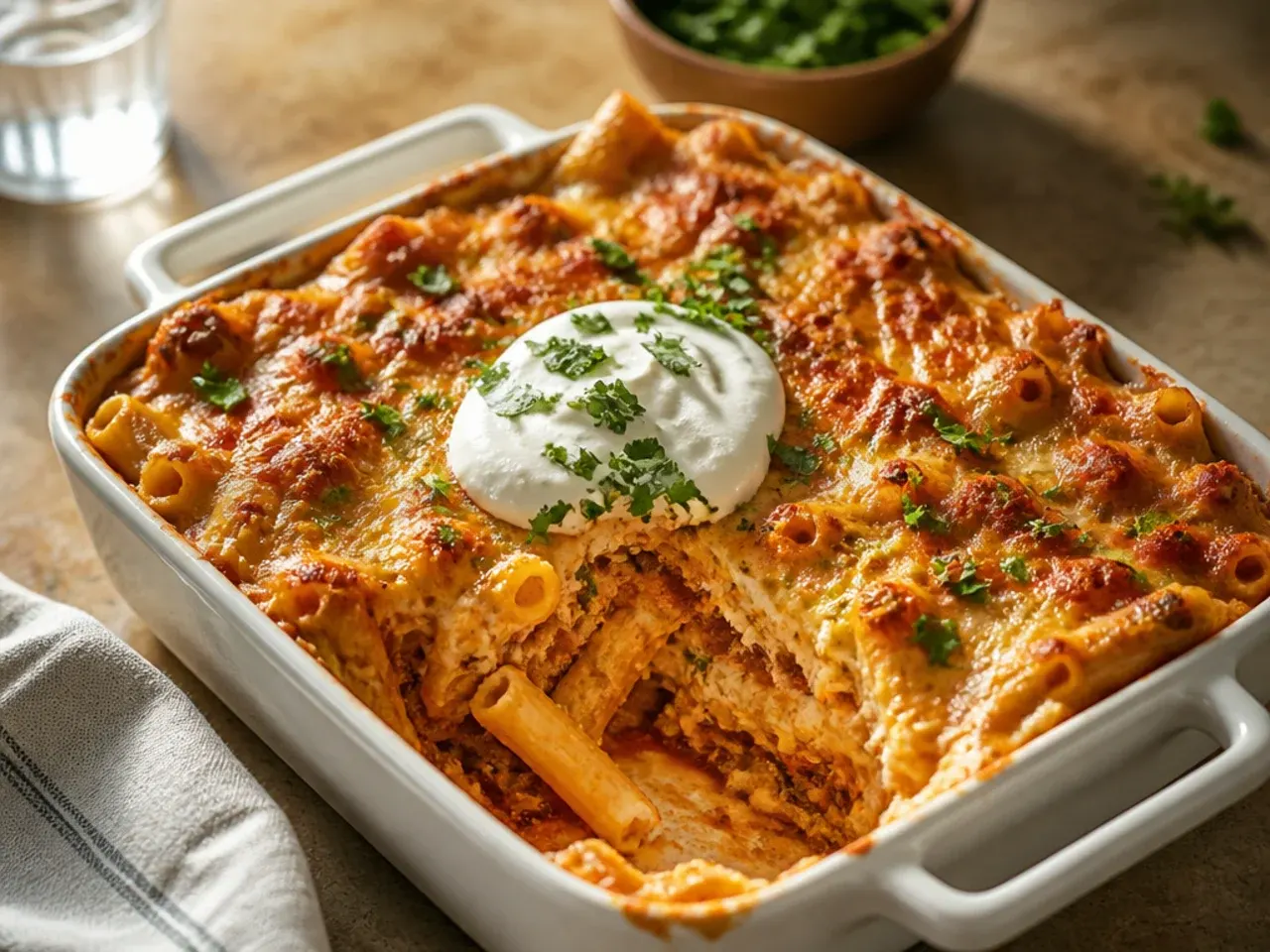 Baked ziti resting on a stovetop before being sliced and served