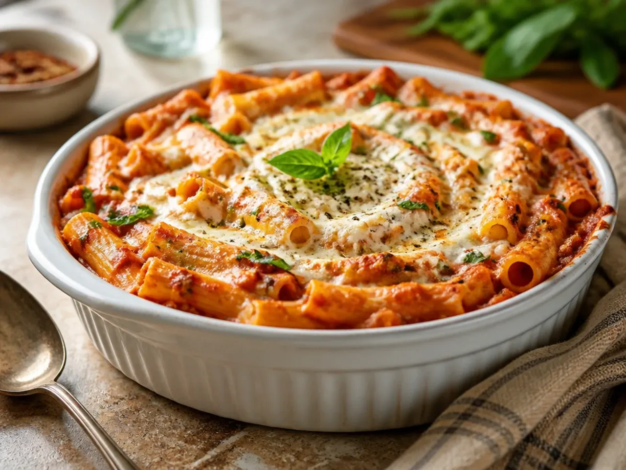 Deep 9x13 inch baking dish filled with unbaked ziti pasta and sauce