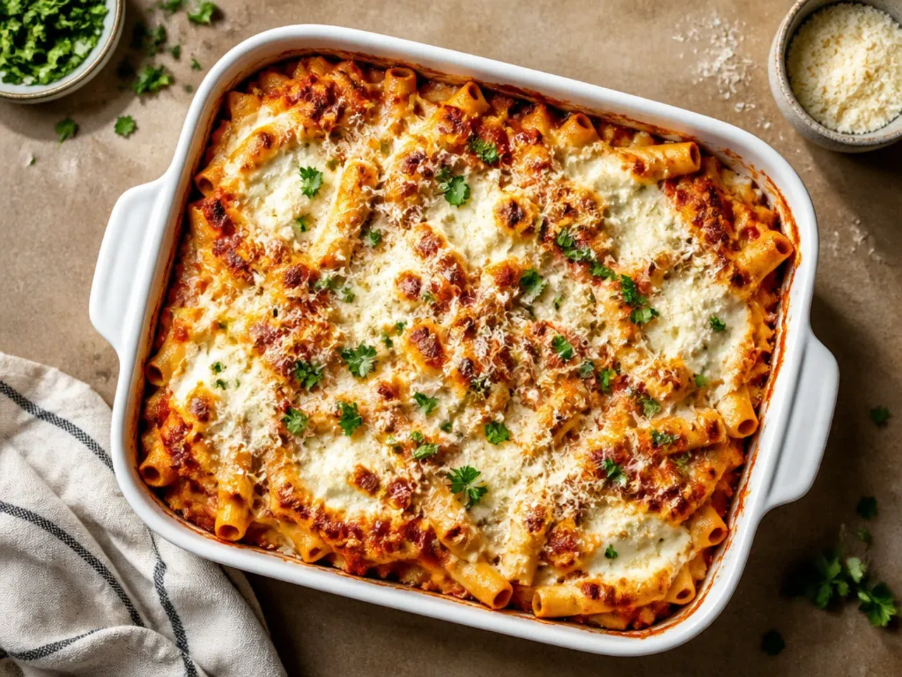 Three bowls of grated Parmesan, shredded mozzarella, and ricotta side by side