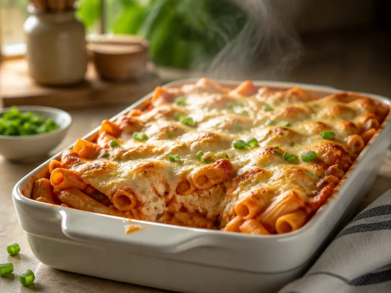 Assembled unbaked ziti covered in foil, ready to go into the oven from the fridge