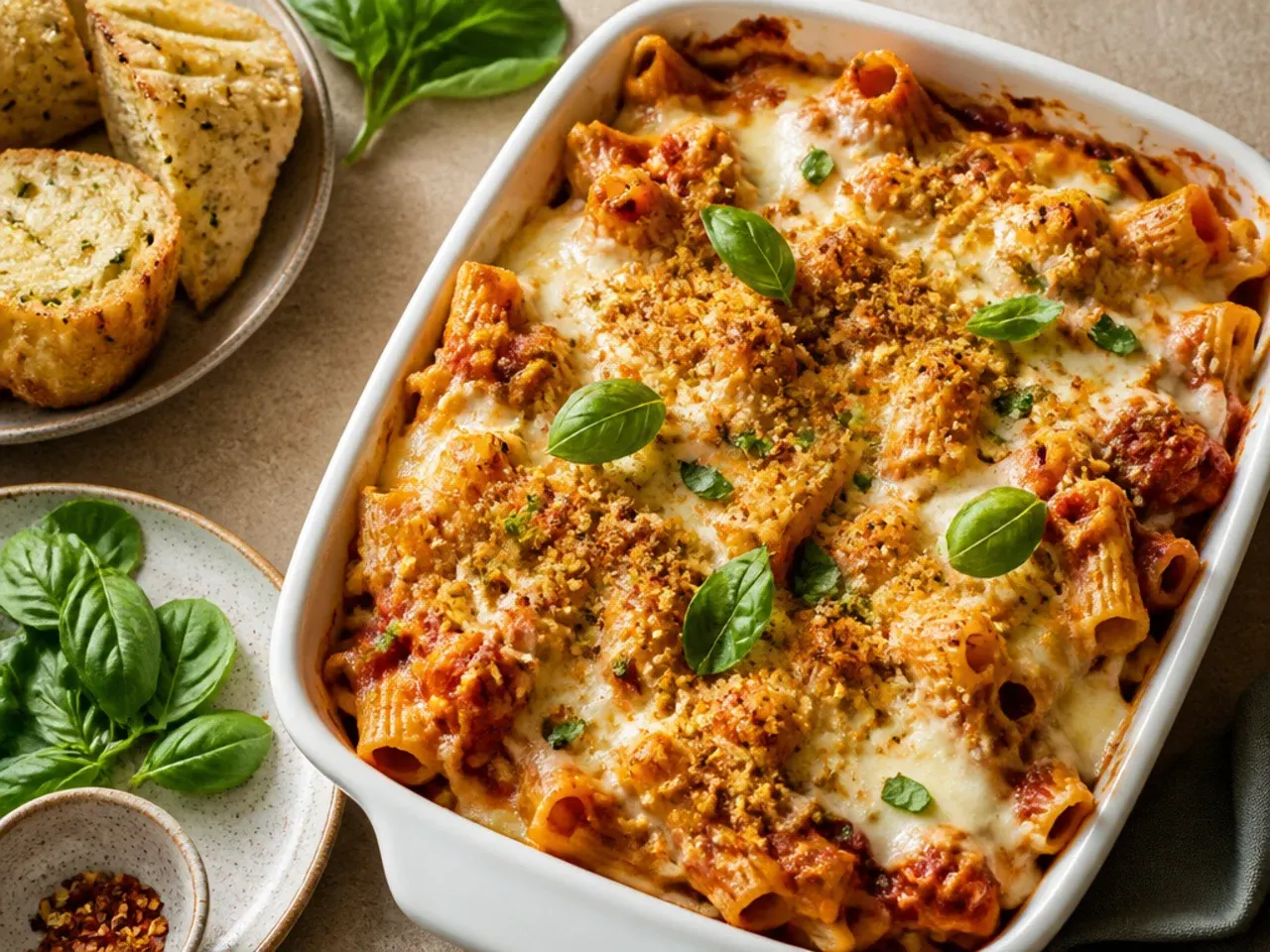 Unbaked ziti casserole wrapped in foil and plastic wrap for the freezer