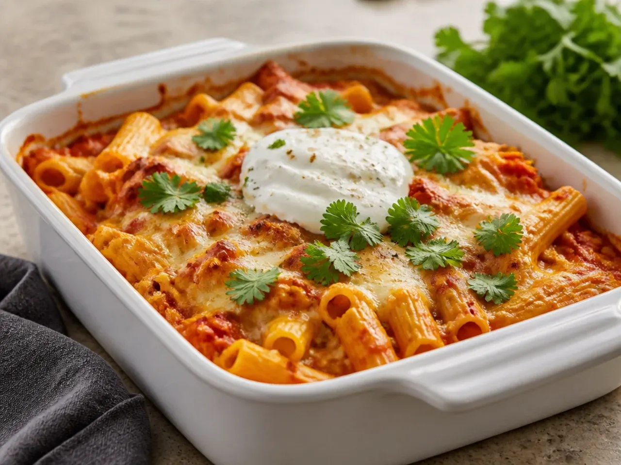 A splash of tomato sauce being spooned over a leftover portion of baked ziti before reheating