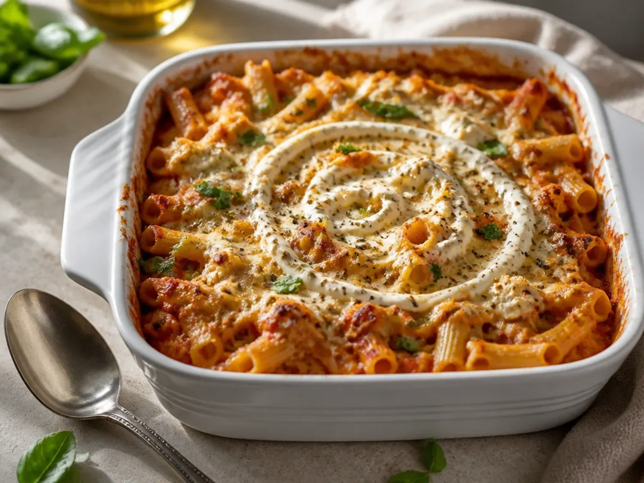 Close-up of baked ziti with bubbling sauce at the edges and golden brown cheese on top