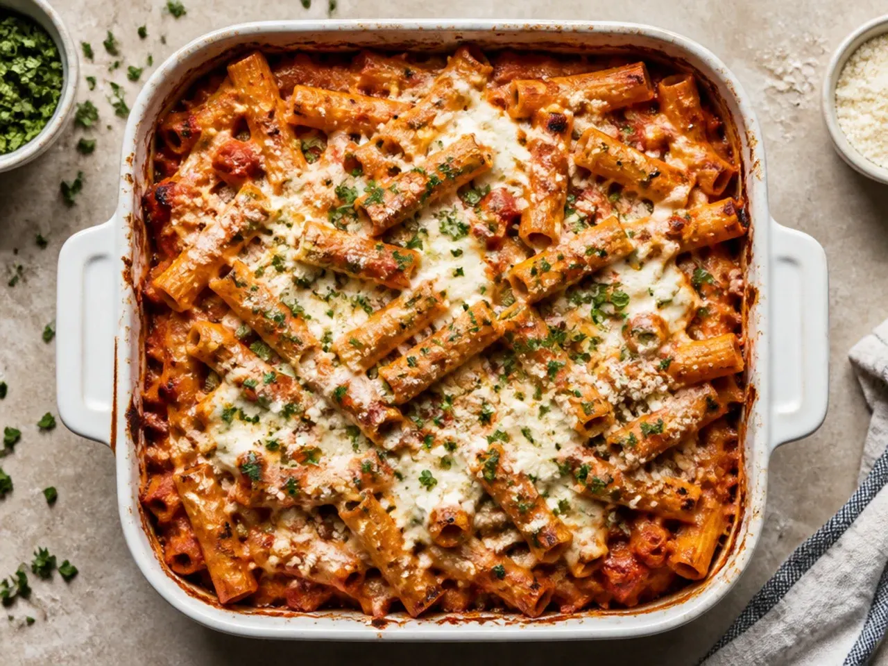 Block mozzarella being hand-grated over a box grater onto ziti pasta