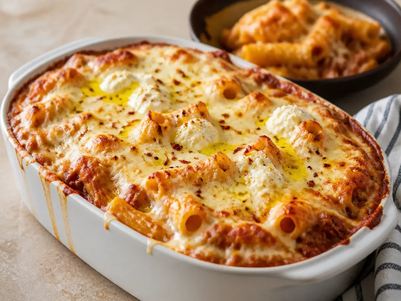 Ziti pasta filled into a baking dish with visible headroom below the rim