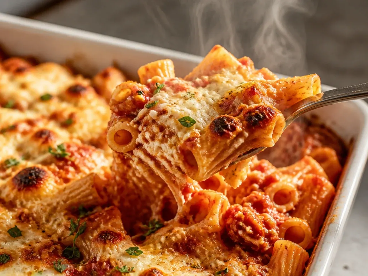 A mug scooping starchy pasta water from a pot before draining the ziti