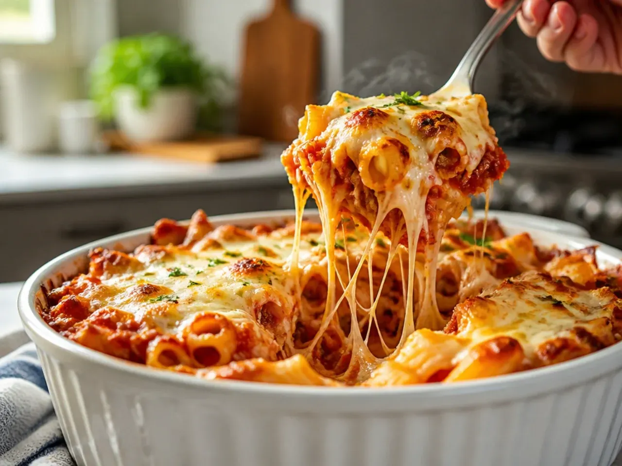 A finished slice of baked ziti with ricotta being lifted from the dish, cheese stretching