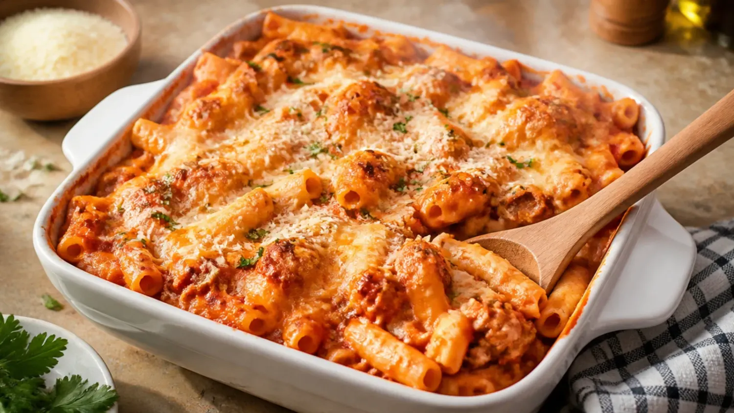 Overhead shot of a bubbling baked ziti in a white casserole dish with golden mozzarella on top and a corner lifted with a spoon to reveal sausage and tomato sauce