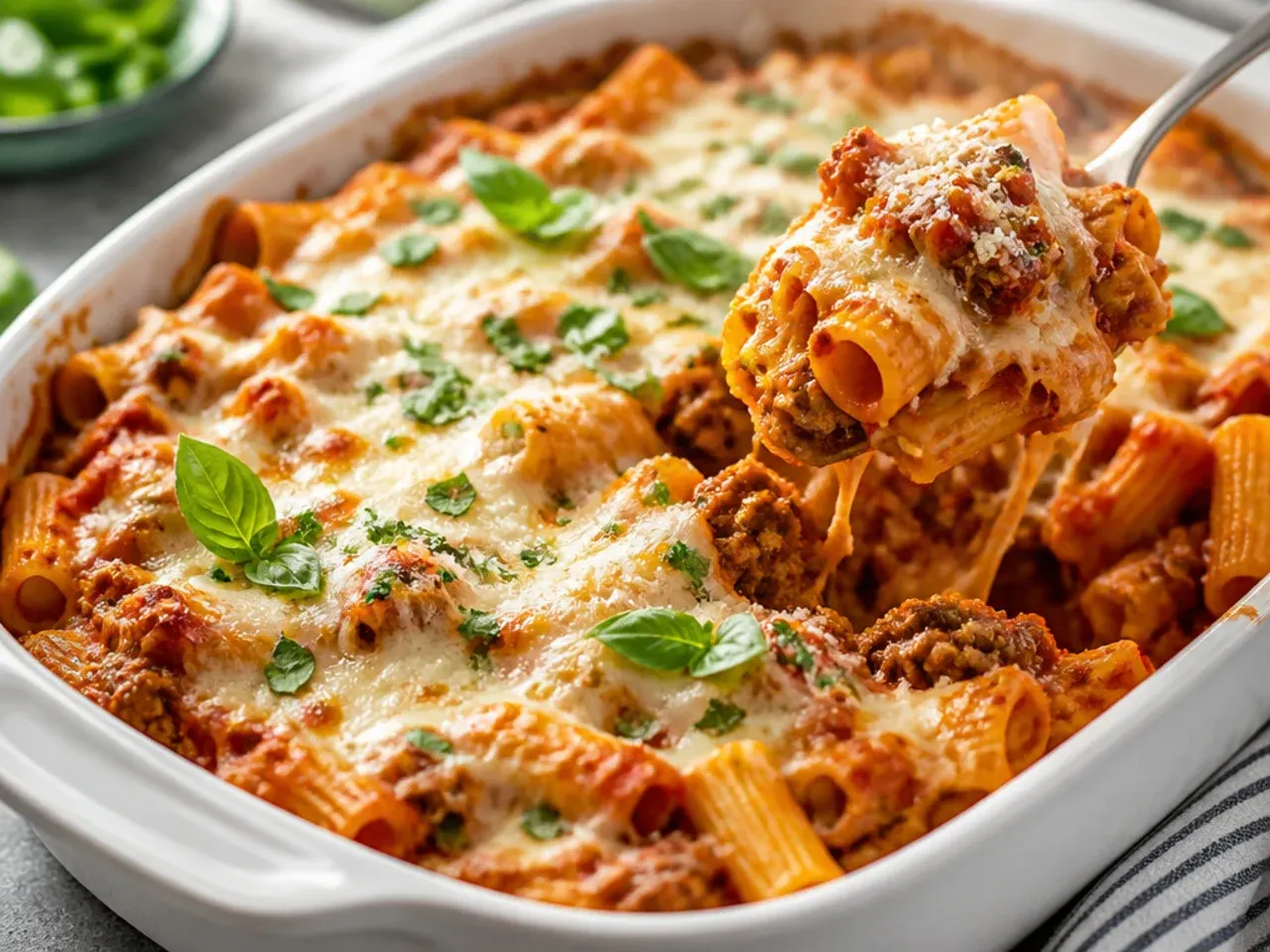 Collage-style overhead photo of a golden baked ziti casserole surrounded by fresh basil and grated Parmesan