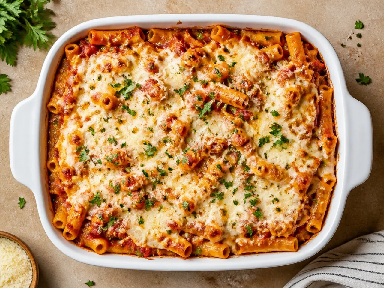Slice of classic baked ziti with sausage being lifted from the dish, showing layers of pasta, sauce, and melted cheese