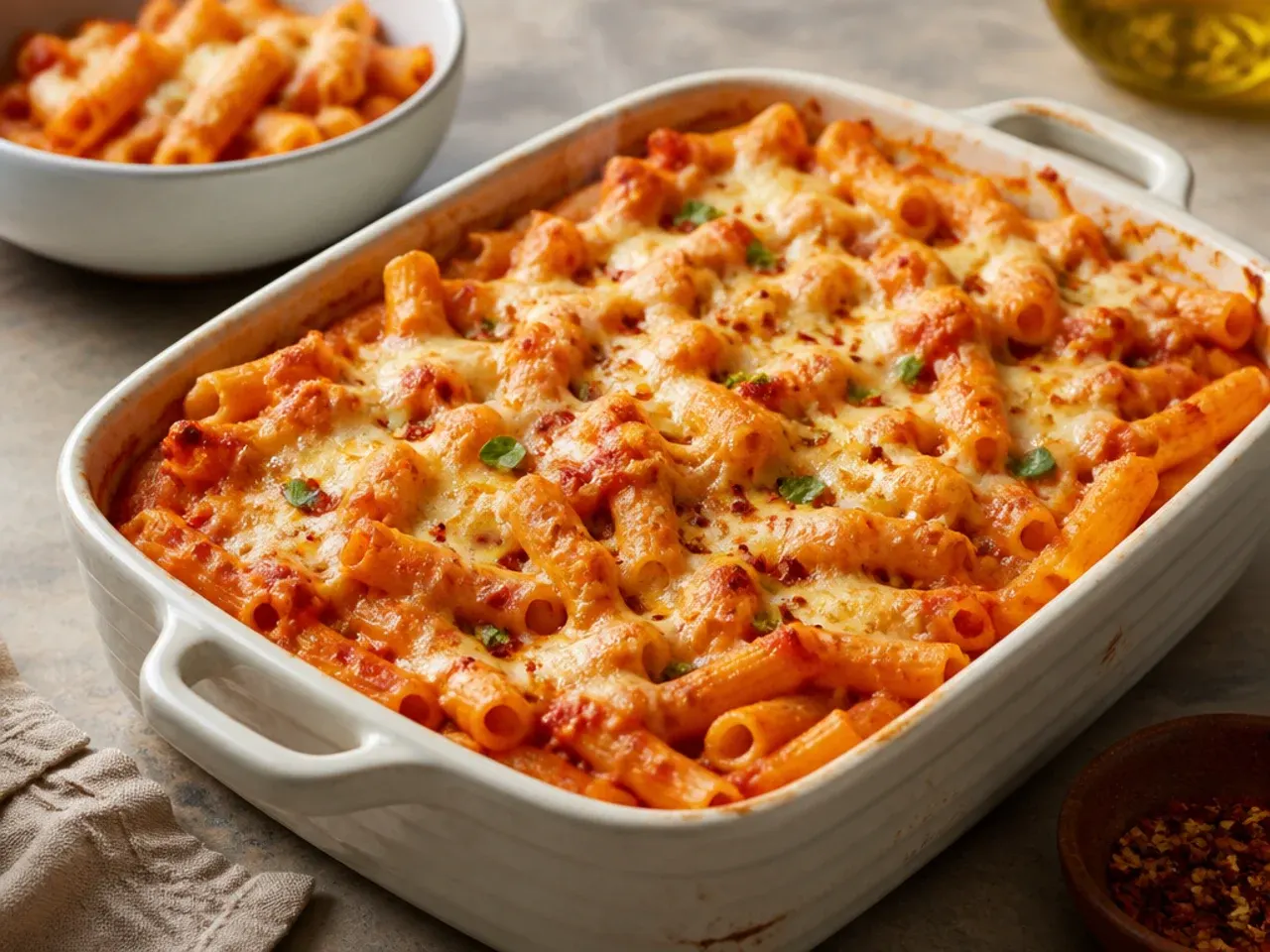 Unbaked ziti in a casserole dish dotted with spoonfuls of ricotta and jarred marinara sauce, ready to go in the oven
