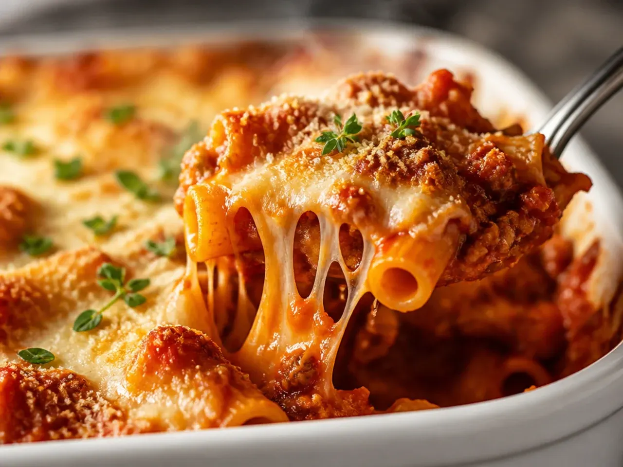 Close-up of hearty baked ziti loaded with browned ground beef and sausage in a thick tomato sauce