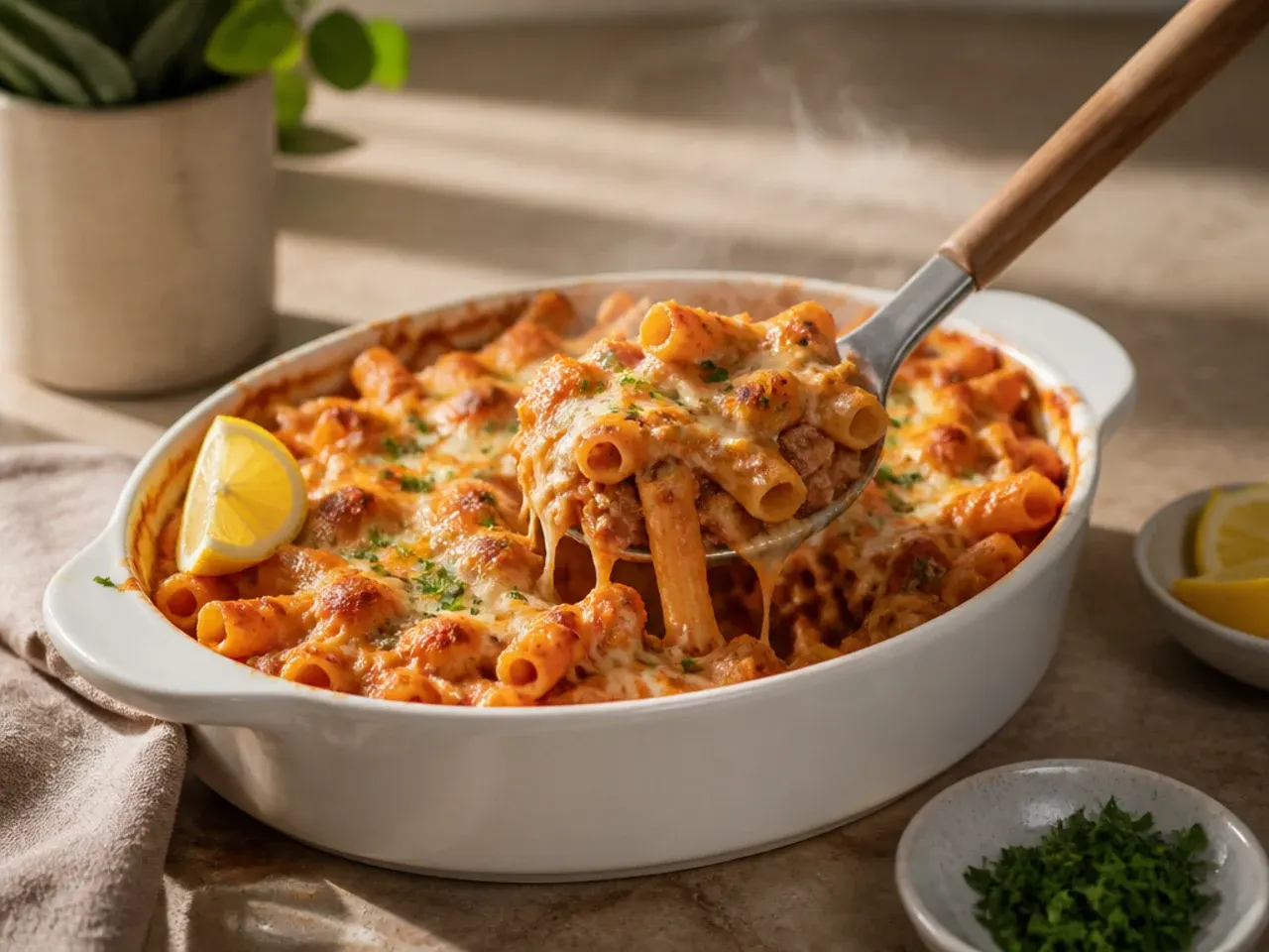 Warm, creamy baked ziti in a rustic dish with a wooden spoon resting on the edge, steam rising