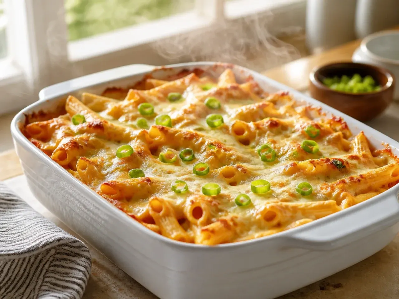 Creamy pink-tinged baked ziti with a golden, slightly crisped cheese crust in a baking dish