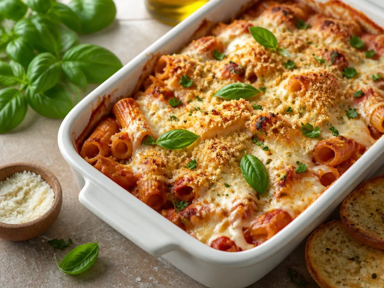 Foil-covered baking dish of no-boil baked ziti being uncovered to reveal melted cheese underneath