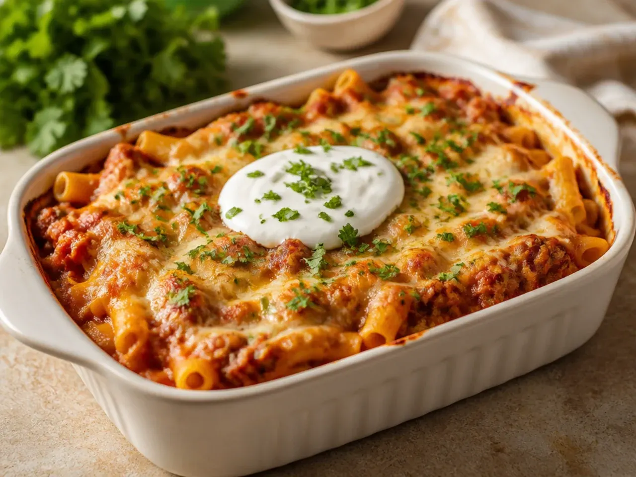 Fork pulling a cheesy strand from a serving of baked ziti loaded with four kinds of melted cheese