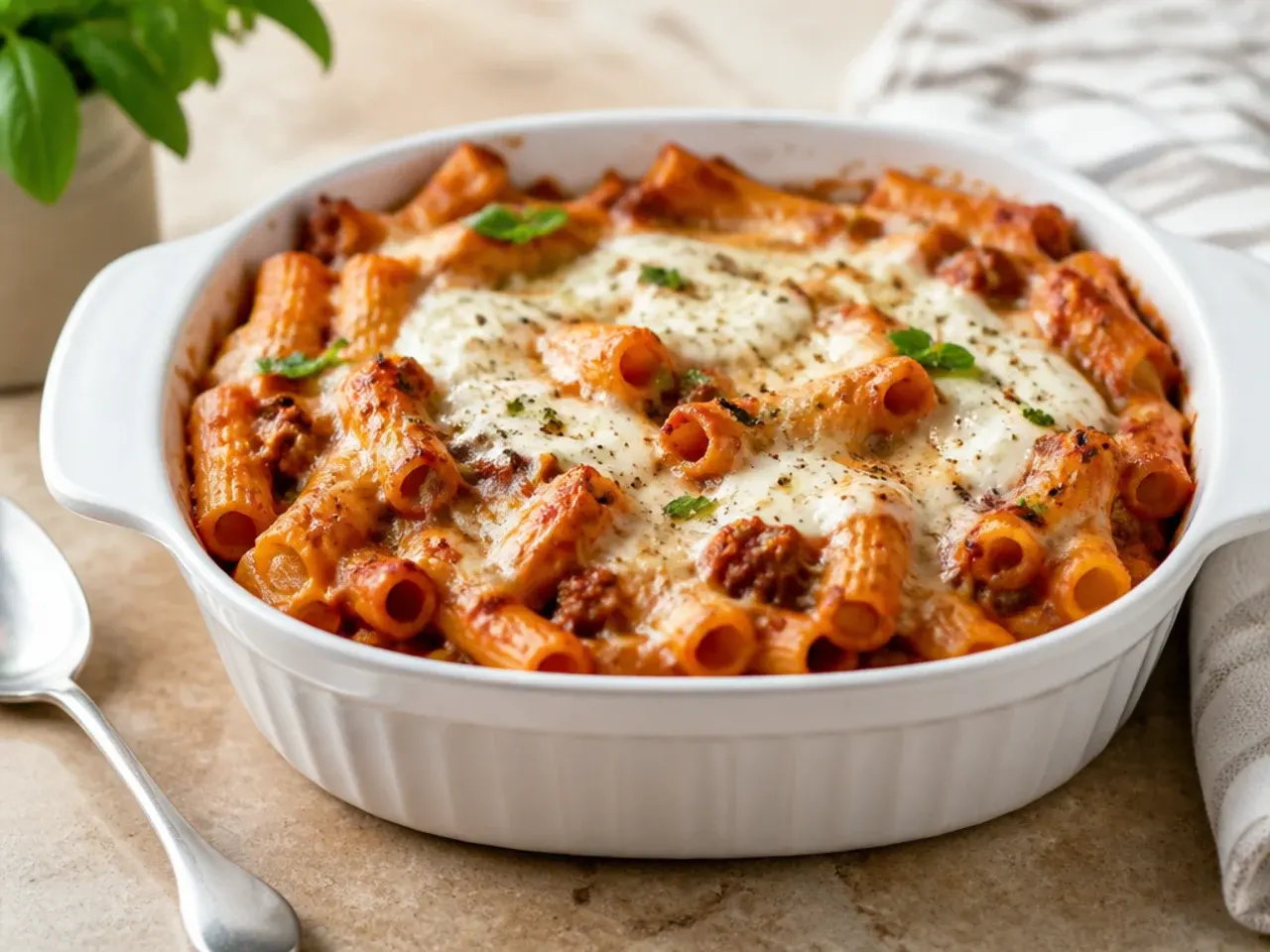 Baked ziti with meatballs peeking through melted mozzarella, served on a rustic wooden table