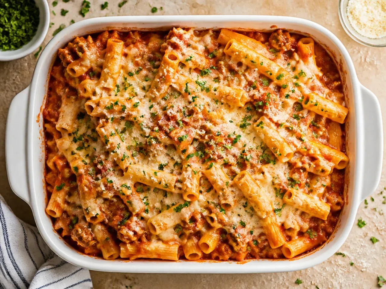 Simple budget-friendly baked ziti with cottage cheese and ground turkey in a glass baking dish