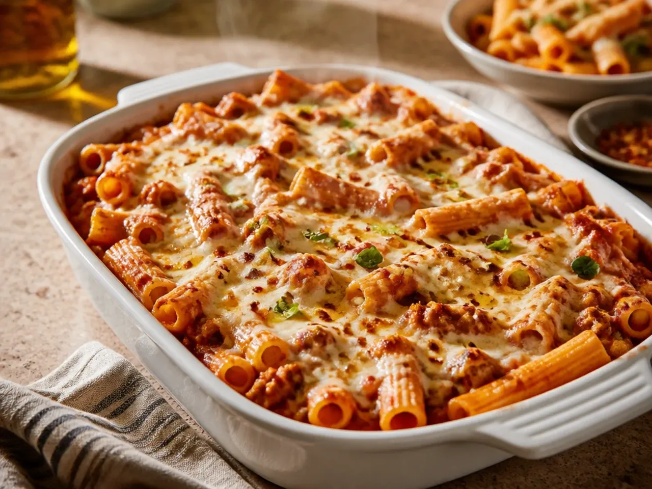 Cast iron skillet of weeknight baked ziti fresh from under the grill with bubbling cheese