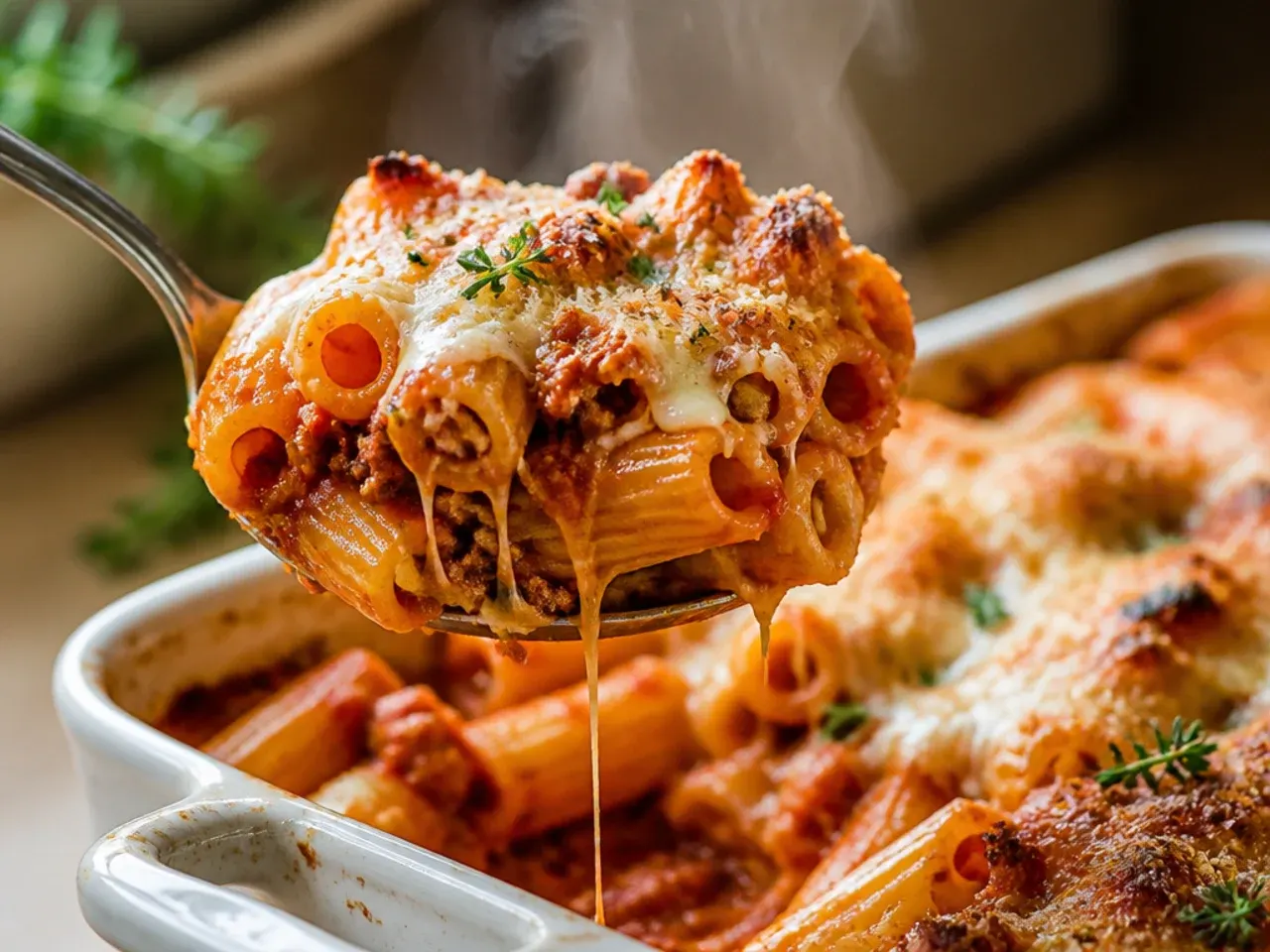 Rustic baked ziti with a crisp golden breadcrumb topping and fresh torn basil scattered over the top