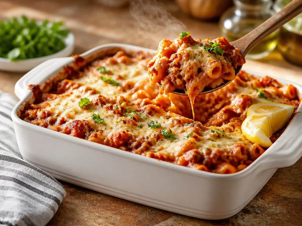 Loaded baked ziti topped with crisped pepperoni and melted mozzarella, styled like a pizza-inspired pasta bake