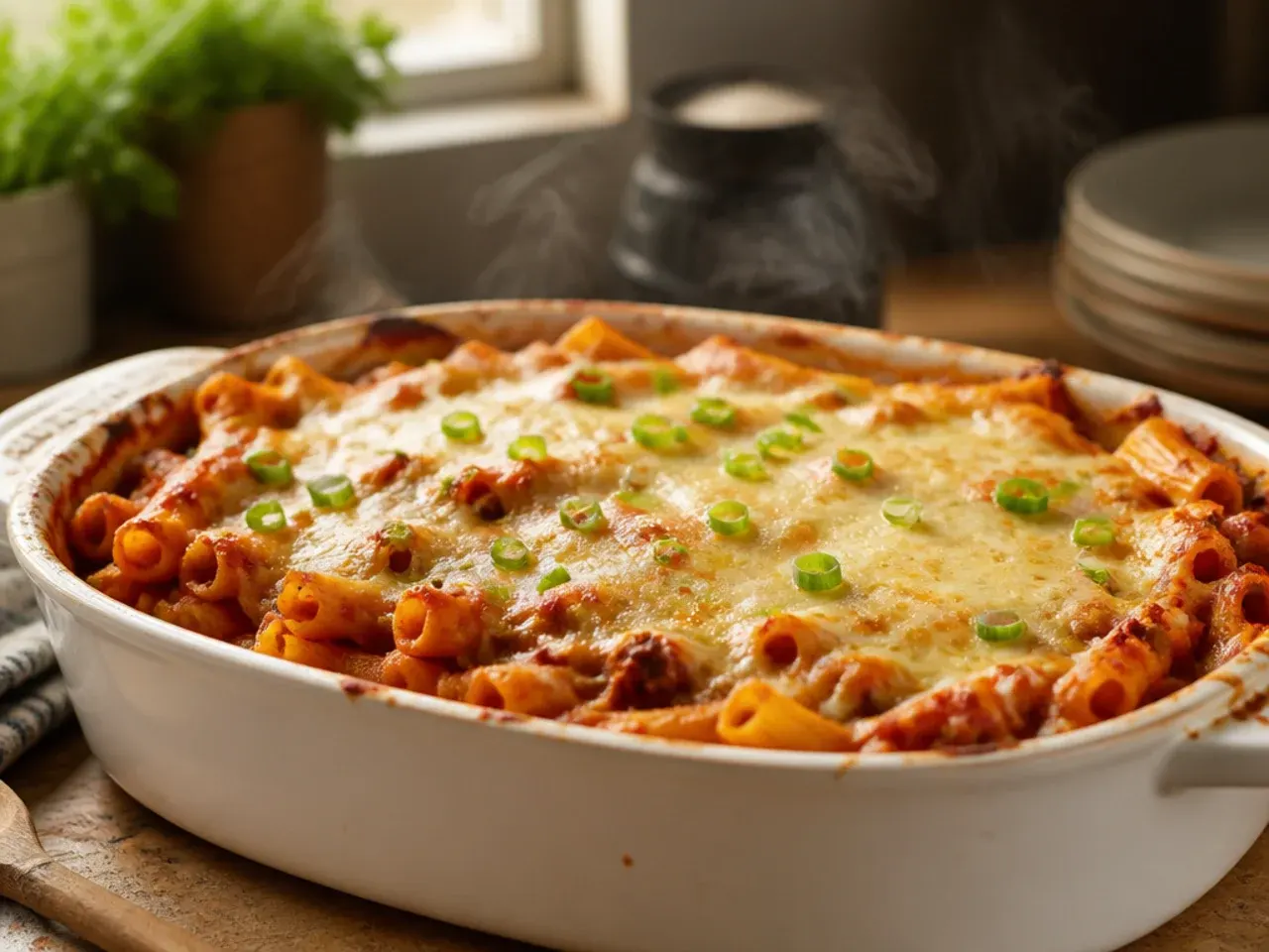 Family-style baked ziti served in individual portions on colourful plates alongside a green salad