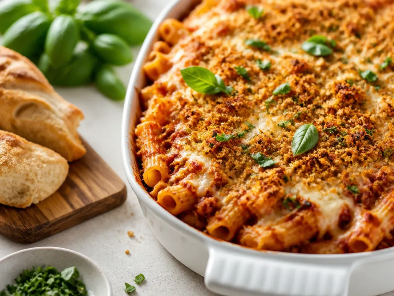 Elegant plated slice of best-ever baked ziti with visible layers of pasta, sauce, and three cheeses