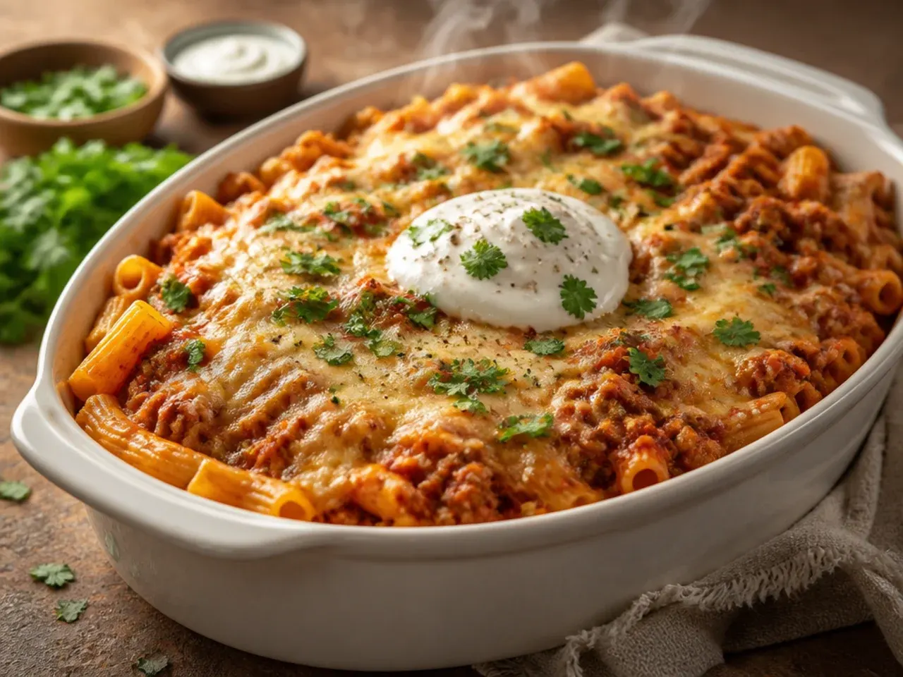 Dutch oven filled with one-pot baked ziti topped with melted cheese, ladle resting beside it