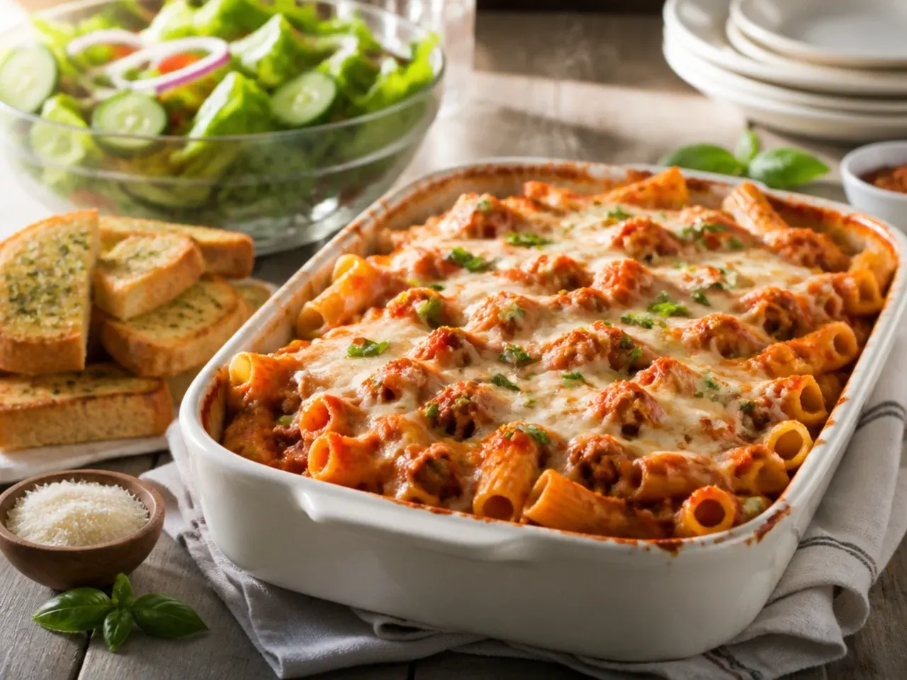 Baked ziti served on a dinner table with garlic bread, a green salad, and glasses of red wine