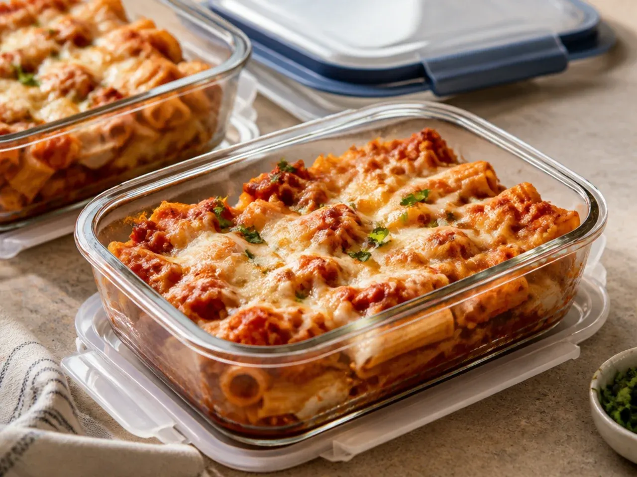 Glass container of leftover baked ziti being portioned into meal-prep containers for the fridge and freezer