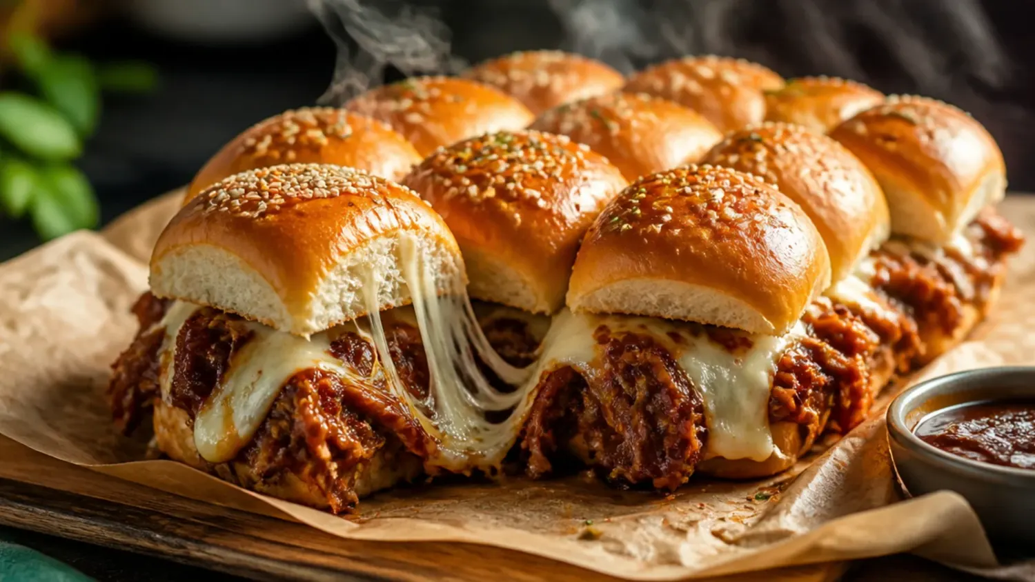 Tray of golden baked BBQ pulled pork sliders on Hawaiian rolls, pulled apart to show melted cheese and glossy barbecue sauce