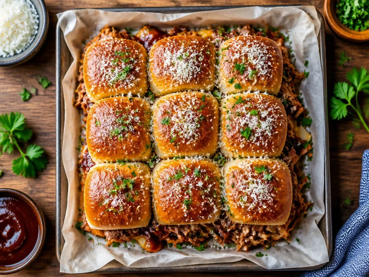Close-up of shredded pulled pork tossed in BBQ sauce piled on a Hawaiian roll
