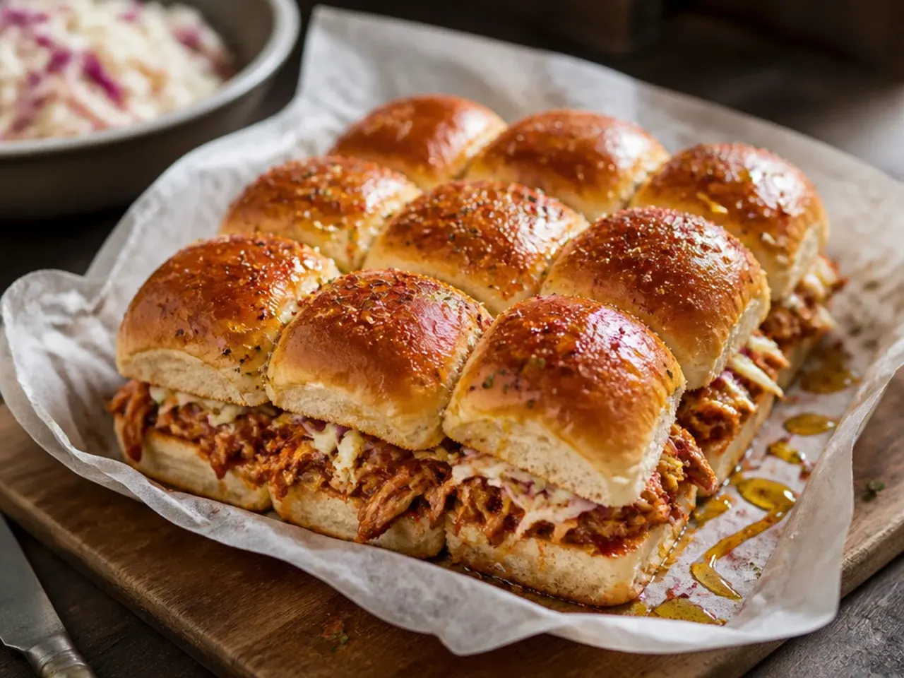 Shredded rotisserie chicken sliders on Hawaiian rolls fresh out of the oven