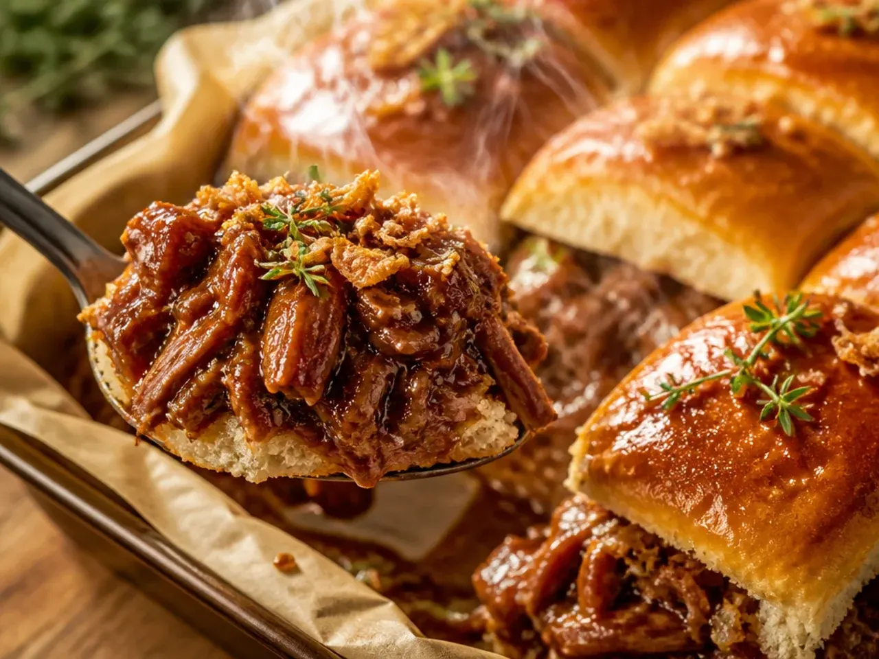Sliced beef brisket sliders with caramelized onions on toasted Hawaiian rolls