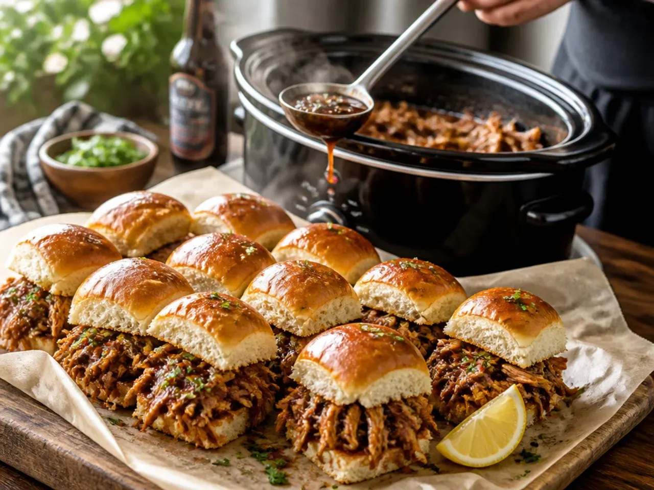 Slow cooker filled with shredded pork in a glossy root beer BBQ sauce