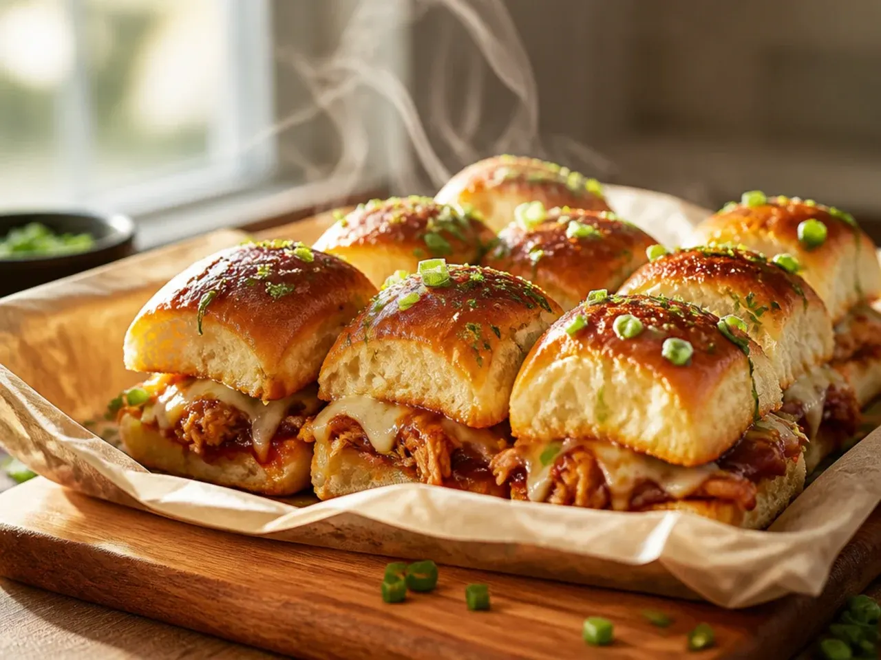 BBQ ranch chicken sliders topped with shredded lettuce on Hawaiian rolls