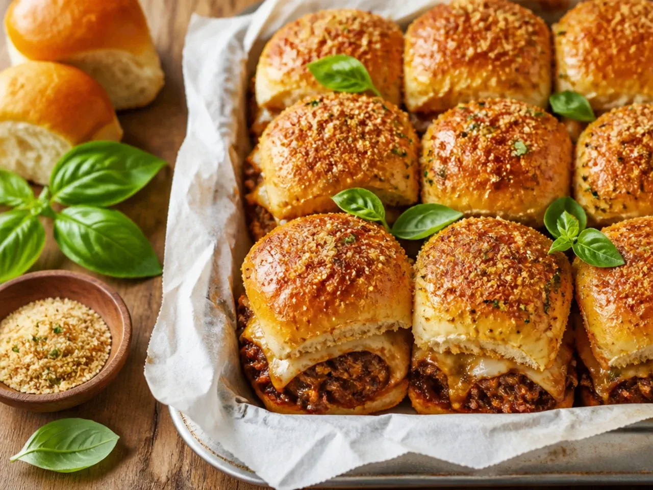 Skillet of browned ground beef in BBQ sauce being spooned onto Hawaiian rolls