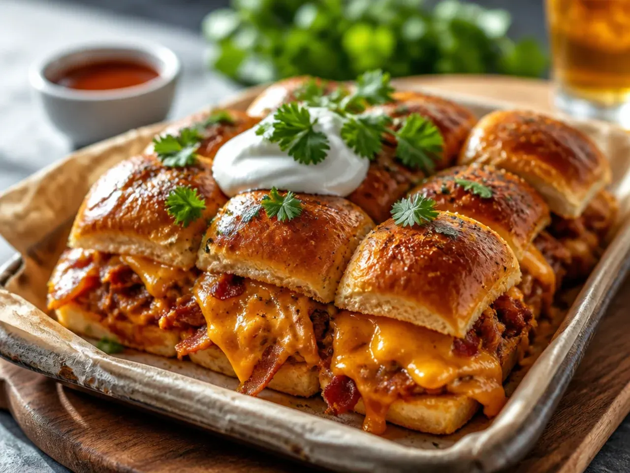 Cheesy bacon BBQ sliders with visible cheese pull and crispy bacon bits on top