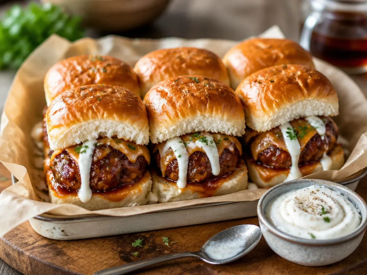 BBQ glazed meatballs nestled into split Hawaiian rolls before baking