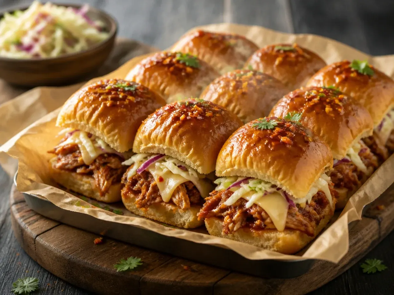 BBQ chicken sliders fresh from a fast weeknight bake with golden buttery tops