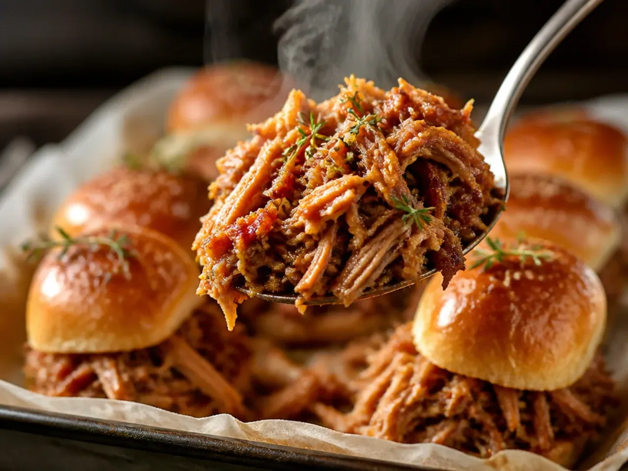 Smoked pork shoulder with dark bark being shredded for rustic BBQ sliders