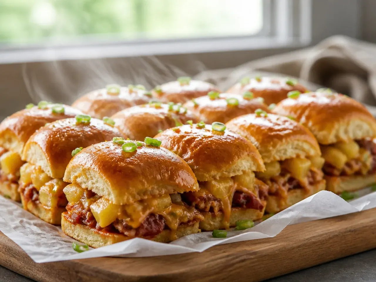 Ham and grilled pineapple BBQ sliders on Hawaiian rolls with melted cheese