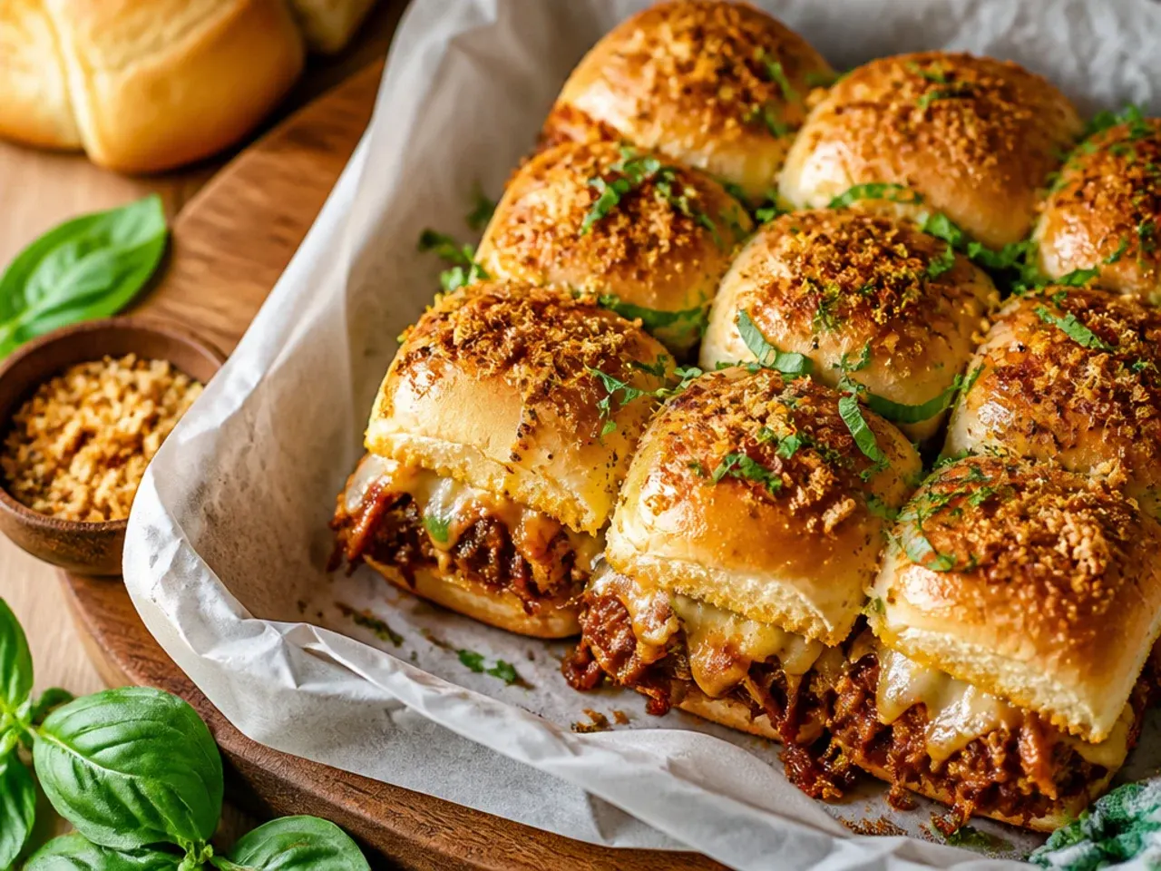Glossy double-glazed pulled pork sliders with a sticky BBQ sauce sheen