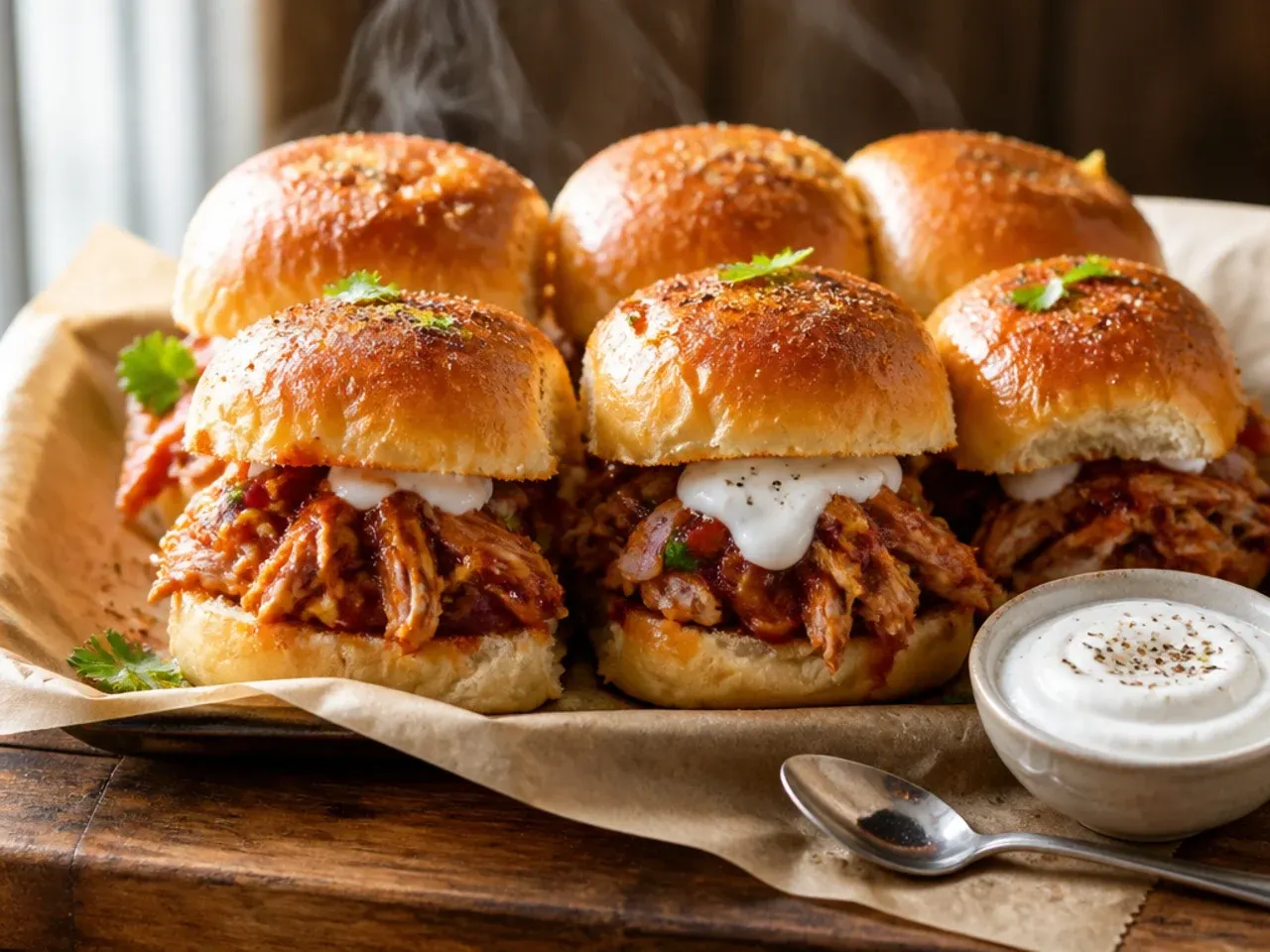 Spicy chipotle BBQ chicken sliders with a drizzle of soured cream on top
